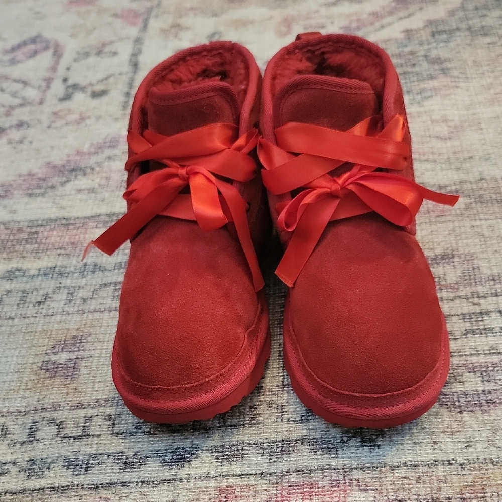 UGG Red Suede Ankle Boots with Ribbon Ties Youth 5 / WOMENS 6/7